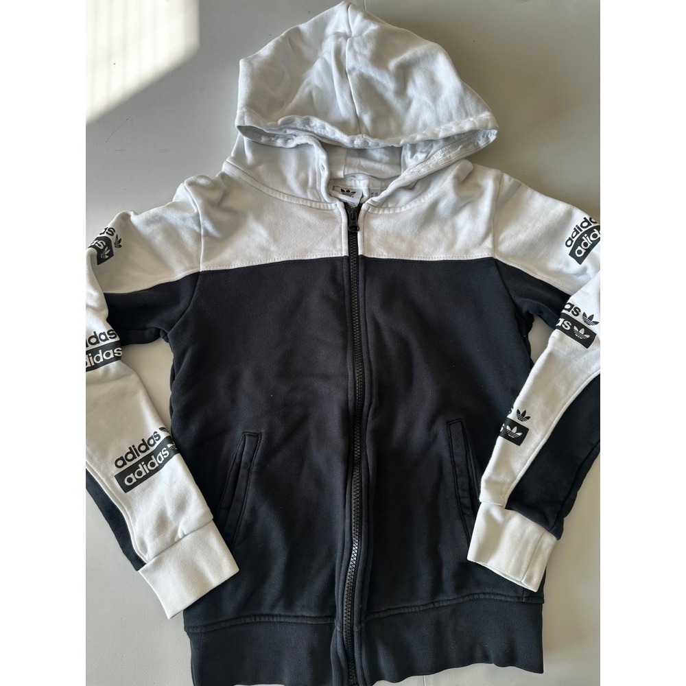 Adidas Originals Women Black White Colorblock Logo Tape Full Zip Hoodie XS